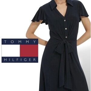 Tommy Hilfiger Flutter Sleeve Mid-length Shirt Dress Navy Blue Knot Front Sz 16